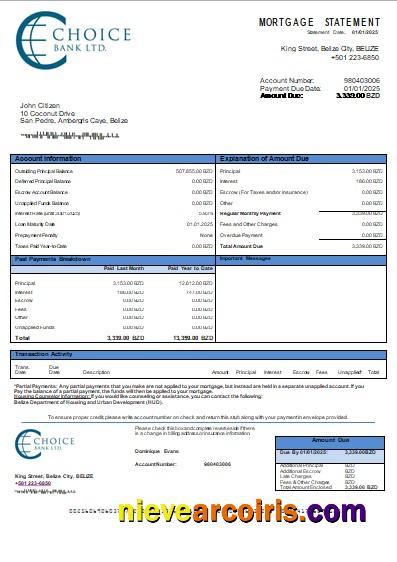 Belize Choice Bank mortgage statement